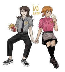  1boy 1girl abaddon_(haunted_hotel) aged_up brown_eyes brown_hair employee_uniform esther_freeling food french_fries full_body grey_shirt haunted_hotel holding_hands ice_cream invisible_chair licking_lips long_hair low_ponytail orange_hair pink_shirt ponytail red_eyes repeeksdnuorg shirt short_hair short_ponytail simple_background sitting skirt tongue tongue_out translation_request wcdonald's white_background 