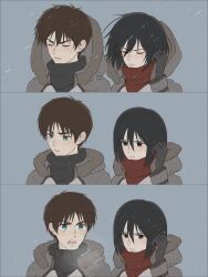  1boy 1girl black_gloves black_hair black_scarf brown_hair closed_eyes coat commentary_request eren_yeager furrowed_brow gloves green_eyes grey_background grey_eyes hair_between_eyes highres mikasa_ackerman open_mouth outdoors parted_lips red_scarf scarf shingeki_no_kyojin short_hair snowing szm_426 upper_body wind winter_clothes winter_coat 