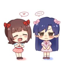  2girls absurdres amami_haruka blue_hair blush bow brown_eyes brown_hair brown_shoes chibi chiwawa174 closed_eyes dress embarrassed hair_bow heart highres idolmaster idolmaster_(classic) idolmaster_million_live! idolmaster_million_live!_theater_days jitome kisaragi_chihaya long_hair multiple_girls multiple_hair_bows open_mouth pink_bow pink_dress plaid_clothes plaid_skirt red_bow shoes short_hair short_sleeves simple_background skirt smile spoken_blush spoken_heart standing sweatdrop white_background 