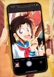  1boy 1girl asukamama89 black_hair blue_eyes blue_sailor_collar brown_hair fake_phone_screenshot fake_screenshot food highres holding holding_food holding_phone japanese_clothes kurogane_yaiba mine_sayaka open_mouth phone ponytail sailor_collar school_uniform serafuku smile v yaiba 