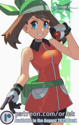  1girl bandana bike_shorts black_shorts blue_eyes breasts brown_hair dress fanny_pack gloves green_bag green_bandana holding holding_poke_ball looking_at_viewer may_(pokemon) open_mouth orange_dress orlek poke_ball poke_ball_(basic) pokemon pokemon_emerald pokemon_rse shirt shorts sleeveless smile solo 