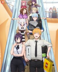  3boys 6+girls absurdres bag black_necktie black_pants black_shorts blonde_hair blue_hair blue_shirt boku_no_hero_academia boyfriend_with_expensive_gifts_(meme) brown_coat brown_hair brown_pants chainsaw_man coat couple crossover denji_(chainsaw_man) dismaiden doki_doki_literature_club double_bun dress elf english_commentary escalator frieren game_console green_eyes grey_dress grin hair_bun hetero highres himmel_(sousou_no_frieren) kamina_(ttgl) large_teddy_bear looking_at_another mall meme micro_star_international multiple_boys multiple_crossover multiple_girls natsuki_(doki_doki_literature_club) necktie pants pink_hair playstation_5 pointy_ears print_shirt purple_hair purple_shirt red_shirt reze_(chainsaw_man) sharp_teeth shirt shopping shopping_bag short_hair short_twintails shorts sleeveless sleeveless_shirt smile sousou_no_frieren striped_clothes striped_dress t-shirt teeth tengen_toppa_gurren_lagann toga_himiko twintails uraraka_ochaco white_hair white_shirt yoko_littner yuri yuri_(doki_doki_literature_club) 