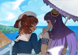  2girls ^_^ aijou_karen arm_at_side bird black_bow blue_shirt blue_sky blunt_bangs blush bow brown_hair building closed_eyes closed_mouth clouds day facing_another frilled_sleeves frilled_umbrella frills from_behind grey_shirt hand_on_another's_cheek hand_on_another's_face hand_up hashtag-only_commentary hat hat_bow highres holding holding_umbrella horizon long_hair looking_at_another looking_to_the_side lostastronaut mini_hat mini_top_hat multiple_girls ocean official_alternate_costume outdoors parasol parted_lips profile purple_hair sailor sailor_collar sailor_hat sailor_shirt seagull shade shirt short_hair short_sleeves shoujo_kageki_revue_starlight sky smile striped_bow teeth tilted_headwear top_hat town tsuyuzaki_mahiru twitter_username umbrella upper_body upper_teeth_only violet_eyes white_sailor_collar white_umbrella yuri 