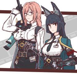  2girls animal_ear_fluff animal_ears apakan aqua_jacket arm_out_of_sleeve arm_up armor black_gloves black_hair black_necktie black_skirt blunt_bangs breasts closed_mouth commentary_request dress_shirt earrings fox_ears fox_girl gauntlets glasses gloves high-waist_skirt highres holding holding_behind_back holding_sword holding_weapon holding_weapon_behind_back hoshimi_miyabi hourglass_earrings id_card jacket jewelry katana large_breasts long_hair looking_at_viewer multiple_girls naginata necktie pencil_skirt pink_eyes pink_hair polearm red_eyes shirt shirt_tucked_in shoulder_armor single_gauntlet skirt sword tsukishiro_yanagi upper_body weapon white_shirt zenless_zone_zero 