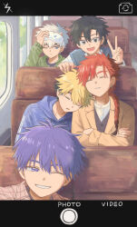  5boys black_eyes black_hair blonde_hair blue_eyes blue_hoodie braid cheng_xiaoshi closed_eyes closed_mouth crossed_arms earrings fake_screenshot highres hood hoodie jacket jewelry liu_xiao long_hair long_sleeves lu_guang male_focus mole multicolored_hair multiple_boys ne_mum2 one_eye_closed open_mouth purple_hair red_hair selfie shiguang_dailiren shirt short_hair single_braid sitting sleeping smile v vest violet_eyes white_hair white_shirt xia_fei xiao_weiying 