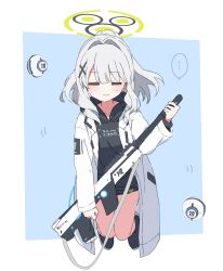  ... 1girl absurdres battle_rifle black_hoodie black_shoes blue_archive blue_background blush border bullpup closed_eyes coat commentary_request cross_hair_ornament drone green_halo gun hair_intakes hair_ornament halo hare_(blue_archive) highres holding holding_gun holding_weapon hood hood_down hoodie kel-tec_rfb long_hair long_sleeves millennium_science_school_logo mochigome_(ununquadium) motion_lines open_clothes open_coat outside_border ponytail rifle shoes sidelocks simple_background solo spoken_ellipsis sweat weapon white_border white_coat white_hair 