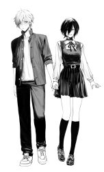  1boy 1girl black_pants buttons chainsaw_man choker collared_shirt commentary denji_(chainsaw_man) fourth_east_high_school_uniform grenade_pin hair_between_eyes hair_bun hair_over_one_eye highres long_hair_between_eyes madiix012 medium_hair pants reze_(chainsaw_man) school_uniform sharp_teeth shirt shirt_tucked_in single_hair_bun standing symbol-only_commentary teeth white_shirt wing_collar 