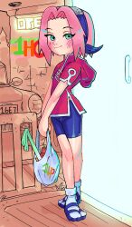  1girl 1her0 ankle_socks bag bike_shorts blush car commentary crossed_legs english_commentary forehead_protector full_body green_eyes groceries grocery_bag hairband haruno_sakura highres holding holding_bag hood hood_down indoors looking_at_viewer motor_vehicle naruto_(series) no_sclera pink_hair plastic_bag red_shirt sandals shirt shopping_bag short_hair smile socks solo standing v_arms watson_cross white_socks 