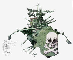  1boy 2025 absurdres arcadia commentary_request floating_cape harlock harlock_saga highres jolly_roger kujira_gunsou pirate_ship science_fiction signature simple_background skull_and_crossbones spacecraft spacecraft_turret uchuu_kaizoku_captain_harlock vehicle_focus waga_seishun_no_arcadia white_background 