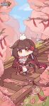  1girl absurdres animal animal_on_head bare_legs bird blue_sky blush branch brown_hair chibi chinese_clothes closed_eyes clouds falling_petals flower full_body hair_flower hair_ornament highres holding holding_animal holding_bird honkai_(series) honkai_impact_3rd li_sushang li_sushang_(jade_knight) logo looking_at_viewer official_alternate_costume official_art official_wallpaper on_head outdoors petals pink_flower sky smile stairs standing thigh_strap tree 