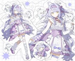  1girl ame_ame arm_warmers bandaged_leg bandages chibi closed_mouth commission dress elbow_gloves fingerless_gloves frilled_dress frills full_body gloves grid_background highres long_hair looking_at_viewer multiple_views one_eye_closed original purple_hair purple_shoes shoes single_arm_warmer single_elbow_glove sleeveless sleeveless_dress socks standing standing_on_one_leg watermark white_background white_dress white_gloves white_socks yellow_eyes 