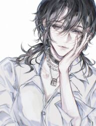  1girl black_choker black_hair breasts buttons chain chain_necklace chinese_commentary choker closed_mouth commentary_request deren_(path_to_nowhere) dress_shirt hair_between_eyes hand_on_own_cheek hand_on_own_face highres jewelry lock long_hair long_sleeves looking_at_viewer medium_breasts messy_hair multiple_necklaces necklace padlock path_to_nowhere shirt simple_background solo tangxi upper_body variant_set white_background white_shirt 