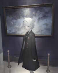  1girl absurdres arms_at_sides art_gallery black_coat black_hairband black_skirt buttons coat collared_coat commentary feet_out_of_frame from_side hair_intakes hairband highres indoors long_sleeves looking_at_viewer miniskirt open_clothes open_coat original painting_(object) parted_lips reflective_floor revision shirt short_hair sidelocks skirt solo stanchion standing watermark white_eyes white_hair white_shirt yuzu_(yuzusuke10) 