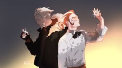  2boys adam's_apple apron arm_up beard black_gloves black_jacket black_shirt closed_eyes closed_mouth coat commentary dated facial_hair fingerless_gloves fur-trimmed_hood fur_trim glasses gloves grisham_(pokemon) hair_slicked_back highres holding holding_jewelry holding_ring hood hooded_jacket jacket jewelry long_sleeves lysandre_(pokemon) male_focus multicolored_hair multiple_boys neck_ribbon pokemon pokemon_legends:_z-a ponytail red_apron red_eyes red_hair ribbon ring shirt short_hair short_ponytail sleeve_cuffs smile sparkle streaked_hair symbol-only_commentary twitter_username upper_body white-framed_eyewear white_coat white_fur white_hair yallq 