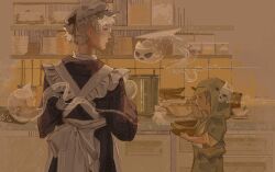  2others adapted_costume alternate_costume androgynous apron back_bow black_bow blue_eyes blue_hair book_of_the_cafe bow bowl closed_mouth commentary cooking_pot criss-cross_back-straps enmaided expressionless fairy_(len'en) food_print frilled_apron frilled_headwear frills fruit_print fujiwara_no_iyozane ghost ghost_(len'en) grape_print grey_jacket hat hat_bow hatsburg highres holding holding_bowl hood hood_up hooded_jacket indoors jacket japanese_clothes kimono kitchen layered_sleeves len'en lips long_sleeves looking_to_the_side maid mob_cap multiple_others nervous_sweating nostrils open_clothes open_jacket other_focus print_kimono purple_kimono realistic ribbon-trimmed_headwear ribbon_trim short_hair size_difference sleeves_rolled_up sweat symbol-only_commentary tile_wall tiles triangular_headpiece wa_maid walking white_apron white_bow white_eyes white_hair white_hat wide_sleeves 