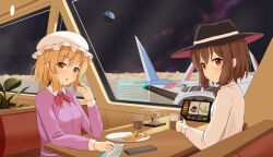  2girls :o absurdres arm_on_table arm_rest black_hat blonde_hair blush bow bowtie brown_eyes brown_hair cafe cellphone closed_mouth collared_dress collared_shirt contrast_collar dessert dress earth_(planet) food hair_between_eyes hair_ribbon hat highres holding_coffee_pot indoors long_sleeves looking_at_viewer maribel_hearn miniature mob_cap model_spacecraft monitor moon multiple_girls on_moon open_mouth phone planet plant plate potted_plant purple_dress red_bow red_bowtie red_ribbon ribbon sash shiro_(user_1048334293) shirt short_hair sitting sleeve_cuffs smartphone smile space spacecraft spacecraft_interior star_(sky) touhou translated usami_renko white_hat white_sash white_shirt window yellow_eyes 