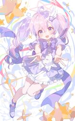  1girl :d ahoge back_bow blue_archive blush bow bowtie byyy_(user_xgka2437) chinese_commentary chromatic_aberration commentary_request double-parted_bangs double_v drill_hair earrings frilled_skirt frills full_body hair_between_eyes hair_ornament halo head_tilt highres jacket jewelry knees_together_feet_apart leg_up long_hair looking_at_viewer magical_girl making-of_available multicolored_eyes multicolored_hair no_gloves no_legwear official_alternate_costume official_alternate_hairstyle open_mouth outstretched_arms pink_bow pink_hair pink_halo puffy_short_sleeves puffy_sleeves purple_bow purple_bowtie purple_hair purple_jacket purple_shoes reisa_(blue_archive) reisa_(magical)_(blue_archive) shirt shoes short_sleeves skirt smile solo sparkle star_(symbol) star_earrings star_hair_ornament star_halo twin_drills twintails two-tone_eyes two-tone_hair v violet_eyes white_background white_shirt white_skirt wing_hair_ornament winged_shoes yellow_eyes 