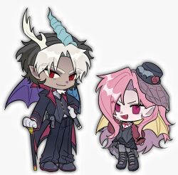  1boy 1girl antlers arm_at_side ascot asymmetrical_horns asymmetrical_wings bat_hat_ornament bat_wings black_coat black_hair black_hat black_pants black_shoes black_skirt black_vest blue_wings cane chibi closed_mouth coat commentary curtained_hair discord_(my_little_pony) empty_eyes english_commentary erkengek facial_hair fang fang_out fangs feathered_wings flower flutterbat fluttershy frilled_sleeves frills full_body garter_straps gloves goatee grey_thighhighs hand_on_cane hand_on_own_hip hand_up hat hat_flower high-low_skirt highres horns lapels long_hair long_sleeves looking_at_viewer mini_hat mini_top_hat mismatched_horns mismatched_wings multicolored_hair my_little_pony my_little_pony:_friendship_is_magic open_mouth pants parted_bangs peaked_lapels personification pink_hair pointy_ears purple_wings red_eyes red_flower red_rose rose shoes short_hair simple_background skirt slit_pupils smile smirk standing thigh-highs top_hat two-tone_hair v-shaped_eyebrows vampire vest white_ascot white_background white_gloves white_hair wings yellow_wings 