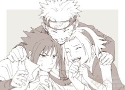  1girl 2boys chara_no7 closed_eyes commentary_request forehead_protector greyscale grin hairband haruno_sakura headband jacket monochrome multiple_boys naruto_(series) naruto_shippuuden open_mouth short_hair smile sweatdrop twitter_username uchiha_sasuke uzumaki_naruto watermark 