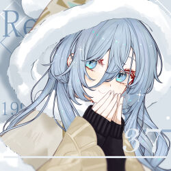  1girl 37_(reverse:1999) black_sweater blue_eyes blue_hair blush brown_hat brown_jacket closed_mouth commentary fur-trimmed_headwear fur_trim hair_between_eyes hat highres jacket long_hair long_sleeves own_hands_clasped own_hands_together relele reverse:1999 santa_hat sleeves_past_wrists smile solo sweater 