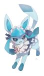  absurdres artist_name blush bow glaceon highres nullma open_mouth pokemon pokemon_(creature) red_bow signature simple_background solo watermark white_background 