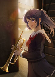  1girl :d black_hair black_shirt black_skirt brown_shirt brown_skirt commentary crowd from_side hibike!_euphonium highres holding holding_instrument indoors instrument kitauji_high_school_uniform kousaka_reina light_particles long_hair long_sleeves looking_at_viewer neckerchief open_mouth pleated_skirt ponytail red_neckerchief sailor_collar school_uniform serafuku shirt skirt smile solo sparkle stage standing theater trumpet violet_eyes white_sailor_collar yukiiro_b 