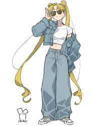  1girl adjusting_eyewear alternate_costume bishoujo_senshi_sailor_moon blush_stickers cropped_shirt curtained_hair denim denim_jacket double_bun full_body hair_bun highres jacket jeans long_hair midriff navel neginoaoitokoro open_clothes open_jacket pants parted_bangs shirt shoes simple_background single_off_shoulder sneakers solo standing sunglasses t-shirt tsukino_usagi twintails very_long_hair white_background white_shirt white_shoes 