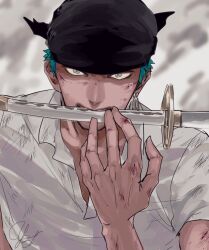  1boy bandana blood blood_on_face blood_on_hands commentary green_hair looking_at_viewer male_focus one_piece roronoa_zoro shirt short_hair signature solo sword t-shirt weapon weapon_in_mouth white_shirt yuzuru_(kasou) 