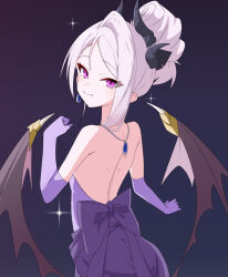  1girl absurdres back blue_archive blush commentary demon_girl demon_horns demon_wings dress elbow_gloves english_commentary gloves highres hina_(blue_archive) hina_(dress)_(blue_archive) horns j_h_07 long_hair looking_at_viewer low_wings official_alternate_costume official_alternate_hairstyle purple_dress purple_gloves simple_background solo violet_eyes white_hair wings 