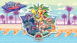  >_o 2017 absurdres alolan_exeggutor alolan_raichu artist_request breath_weapon breathing_fire california clouds colored_sclera copyright_logo copyright_name crabrawler day dragonite fangs fire grass highres holding key_visual litten logo long_neck lycanroc lycanroc_(midnight) mimikyu multiple_heads night no_humans official_art one_eye_closed open_mouth outline outstretched_arm palm_tree passimian pikachu place_name poke_ball poke_ball_(basic) pokemon pokemon_(creature) pokemon_focus pokemon_world_championships popplio promotional_art red_eyes red_sclera rock rowlet sandygast sharp_teeth silhouette smile star_(symbol) teeth third-party_source tree waves white_outline yellow_sclera 