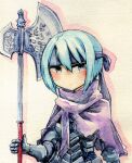  1girl 7mmnote armor axe beruka_(fire_emblem) blue_hair cape closed_mouth fire_emblem fire_emblem_fates headband highres holding holding_axe looking_at_viewer solo torn_cape torn_clothes traditional_media 