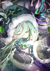  1girl antler_ornament antlers beanie bell blue_hat blue_scarf closed_eyes covered_mouth djzmgybj dress fate/grand_order fate_(series) fur-trimmed_headwear fur-trimmed_sleeves fur_trim green_hair hair_between_eyes hat horns horns_through_headwear long_hair long_sleeves louhi_(fate) louhi_(second_ascension)_(fate) mittens pom_pom_(clothes) pom_pom_beanie purple_mittens scarf scarf_over_mouth solo sweater sweater_dress upper_body white_sweater 