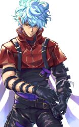  1boy another_eden aqua_hair arm_belt black_gloves black_pantyhose black_shirt capelet closed_mouth commentary_request cowboy_shot crossed_bangs crossed_belts dewey_(another_eden) gloves hair_between_eyes hanada_nadako highres male_focus pantyhose red_capelet shirt short_hair solo suspenders white_background yellow_eyes 