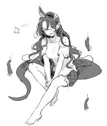  1girl barefoot breasts commentary_request greyscale horns lizard_tail long_hair long_tail looking_at_viewer monochrome mozukuzu_(manukedori) open_mouth shirt short_sleeves shorts single_horn sketch smile solo tail tenkajin_chiyari toes touhou very_long_hair 