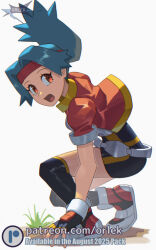  1girl :o black_bodysuit black_gloves black_thighhighs bodysuit bodysuit_under_clothes commentary eyelashes fingerless_gloves flipped_hair gloves headband jacket looking_to_the_side open_mouth orange_eyes orlek over-kneehighs pokemon pokemon_ranger_(series) pokemon_ranger_1 ponytail red_headband red_jacket shoes short_sleeves solana_(pokemon) solo squatting thigh-highs white_background white_shoes 