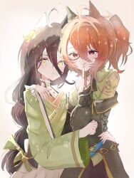  2girls agnes_tachyon_(sigma_experiment)_(umamusume) agnes_tachyon_(umamusume) ahoge arm_around_waist black_hair bow braid braided_ponytail brown_hair closed_mouth commentary dailytachycafe english_commentary green_bow green_kimono hair_between_eyes hair_bow hand_on_another's_back hand_up hug index_finger_raised japanese_clothes kimono long_hair long_hair_between_eyes long_sleeves looking_at_viewer manhattan_cafe_(umamusume) manhattan_cafe_(verdant_night)_(umamusume) medium_hair monocle multicolored_hair multiple_girls parted_lips ponytail red_eyes shirt simple_background smile umamusume very_long_hair white_background white_hair wide_sleeves yellow_eyes yellow_shirt yuri 