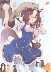  1girl ahoge animal_ears animal_on_head bag between_breasts breasts brown_hair cat commentary_request cowboy_shot crown dog ear_ribbon flying_sweatdrops gloves goat hair_between_eyes hairband hands_up highres horse horse_ears horse_girl horse_tail long_sleeves meisho_doto_(racehorse) meisho_doto_(turbulent_blue)_(umamusume) meisho_doto_(umamusume) mozu_(peth) multicolored_hair on_head one_eye_closed open_mouth pink_hairband raccoon shoulder_bag simple_background solo strap_between_breasts t.m._opera_o_(racehorse) tail two-tone_hair umamusume violet_eyes white_gloves white_hair 