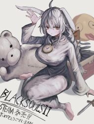  1girl absurdres ahoge animal_ears barefoot black_souls black_souls_2 bow braid breasts clock clock_necklace closed_mouth dress floppy_ears full_body hair_bow hand_up highres large_breasts long_dress long_hair long_sleeves looking_at_viewer node_(black_souls) rabbit_ears red_eyes ropeperson sitting solo wariza white_dress white_hair 