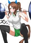  1girl animal_ears barbell black_thighhighs breasts brown_hair ear_covers exercise feet_out_of_frame green_shorts hair_between_eyes high_ponytail highres horse_ears horse_girl horse_tail king_halo_(umamusume) kumiyabe orange_eyes ponytail shorts sleeveless sportswear squatting tail thigh-highs thighs tracen_training_uniform umamusume vest weightlifting white_vest 