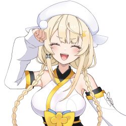  1girl arm_up bare_shoulders blonde_hair blue_bow blush bow braid breasts clenched_hand closed_eyes commentary detached_sleeves fangs hair_ornament hair_over_shoulder hat headset highres japanese_clothes kadou_mikaru keikesu kimono large_breasts lightning_bolt_hair_ornament lightning_bolt_symbol long_sleeves low_twin_braids nail_polish nijisanji no_horns no_jacket obi obi_bow obijime open_mouth pom_pom_(clothes) pom_pom_hair_ornament puffy_long_sleeves puffy_sleeves sash sidelocks simple_background solo symbol-only_commentary twin_braids upper_body v-shaped_eyebrows virtual_youtuber white_background white_bow white_hat white_kimono x_hair_ornament yellow_bow yellow_nails 