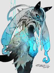  absurdres aqua_eyes artist_name bright_pupils cowboy_shot dated energy highres impasto looking_at_viewer mega_evolution mega_lucario_z mega_pokemon no_humans pokemon pokemon_(creature) pokemon_focus pokemon_legends:_z-a solo standing sukepmonster tail turning_head very_long_ears white_fur white_pupils 