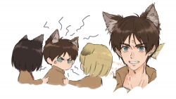 1girl 2boys anger_vein animal_ear_fluff animal_ears armin_arlert black_hair blonde_hair brown_hair brown_jacket cat_boy cat_ears cat_girl cat_tail chibi clenched_teeth commentary_request cropped_jacket eren_yeager furrowed_brow green_eyes hand_on_another's_arm highres jacket kemonomimi_mode mikasa_ackerman multiple_boys parted_bangs parted_lips red_scarf scarf shingeki_no_kyojin short_hair sweatdrop szm_426 tail teeth twitter_username white_background 