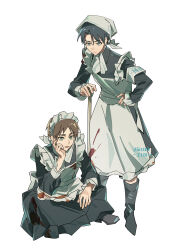  2boys absurdres apron armband ascot black_boots black_dress black_hair blood blood_on_clothes boots brown_hair closed_mouth collared_dress commentary crossdressing crossdressing_(mtf) dated dress english_commentary eren_yeager green_eyes grey_eyes hand_on_own_hip head_on_hand headscarf highres indian_style levi_(shingeki_no_kyojin) maid maid_apron maid_headdress male_focus multiple_boys parted_bangs parted_lips shingeki_no_kyojin short_hair sitting white_apron white_armband white_ascot white_background zest_(kumolyy) 