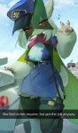  absurdres english_text hat highres looking_at_viewer lycanroc meowscarada musical_note no_humans pokemon pokemon_(creature) police police_motorcycle police_uniform red_eyes thigh_strap uniform v watermark yuio58ok 