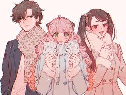  1boy 2girls aged_up ahoge anya_(spy_x_family) becky_blackbell black_coat black_hair blue_coat blue_scarf blush brown_coat brown_eyes brown_scrunchie closed_mouth coat commentary_request curly_hair damian_desmond fur-trimmed_coat fur_trim green_eyes hair_between_eyes hair_ornament hair_scrunchie hairpods knit_scarf light_smile long_hair mochirioudon multiple_girls open_mouth pink_hair scarf scrunchie shirt short_hair smile spy_x_family straight_hair swept_bangs twintails twitter_username upper_body white_shirt 