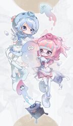  1n0chi 2girls :< apron artist_name blue_dress blue_eyes blue_hair blue_hat blunt_bangs clipboard closed_mouth commentary dress frilled_apron frills full_body gloves hat highres holding holding_clipboard holding_pen holding_stethoscope inkling inkling_girl inkling_player_character multicolored_hair multiple_girls octoling octoling_girl octoling_player_character octopus_hat open_mouth pantyhose pen pink_dress pink_eyes pink_hair puffy_short_sleeves puffy_sleeves shoes short_hair short_sleeves splatoon_(series) stethoscope stethoscope_around_neck streaked_hair symbol-only_commentary tentacle_hair thigh-highs twintails two-tone_hair watermark white_apron white_gloves white_pantyhose white_shoes white_thighhighs 