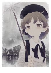  1girl border brown_eyes brown_hair closed_mouth collared_shirt commentary_request hat hatoba_tsugu holding holding_umbrella looking_at_viewer mole mole_under_eye oluha outdoors rain shirt solo suspenders tsugu_(vtuber) umbrella upper_body virtual_youtuber white_border white_shirt 