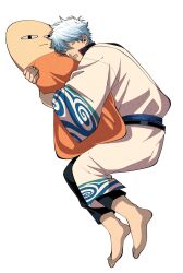  1boy closed_eyes curled_up drooling full_body gintama highres holding japanese_clothes kimono male_focus pants sakata_gintoki sash short_hair simple_background sleeping white_background white_hair white_kimono wide_sleeves yubi_nui21 