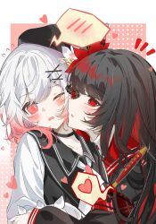  2girls absurdres black_choker black_hair black_shirt blush border chinese_commentary choker commentary_request cucumer flower heart highres long_hair long_sleeves mahou_shoujo_no_majo_saiban multicolored_hair multiple_girls nikaido_hiro notice_lines one_eye_closed open_mouth pen pink_background red_eyes red_flower sakuraba_ema shirt short_hair spoken_blush upper_body white_border yuri 