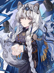  1girl absurdres animal_ear_fluff animal_ears arknights bell black_dress braid commentary_request cupping_hands dress fringe_trim grey_eyes grey_hair hair_over_shoulder hands_up highres kanshio leopard_ears leopard_girl leopard_tail long_hair own_hands_together parted_lips pramanix_(arknights) pramanix_the_prerita_(arknights) snowflakes solo tail twin_braids very_long_hair 